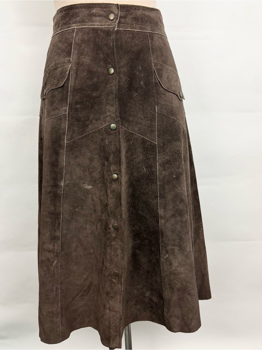 Vintage Authentic Genuine Suede Leather Brown Button-Front A-Line Skirt Festival